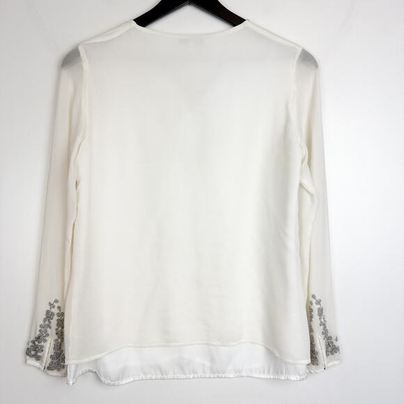 Rebecca Minkoff 100% Silk Chiffon Beaded Lace-Up VNeck Blouse White - S - Picture 7 of 9